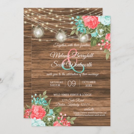 Holz, Mason Jars und Aquamarin, Korallen Blume Hoc Einladung (Vorne/Hinten)