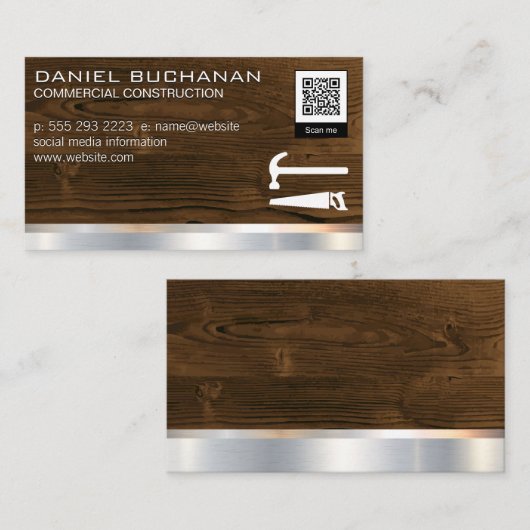 Holz Metallic | Saw Hammer | QR Barcode-Vorlage Visitenkarte (Vorne/Hinten)