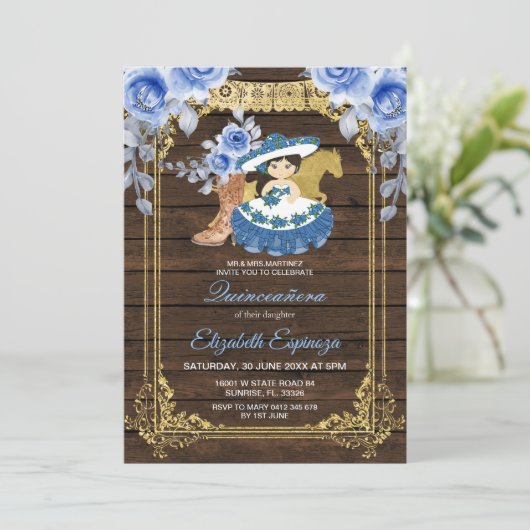 Holz Mexican Quinceanera Blue Rose Blume Einladung (Stehend Vorderseite)