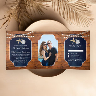 Holz Navy Blau Seestern Sand-Dollar Strandhochzeit Dreifach Gefaltete Einladung