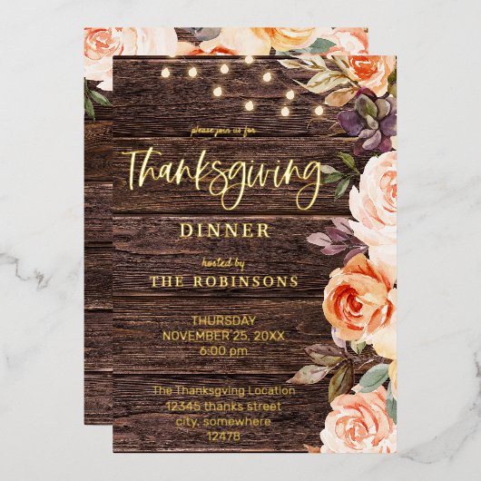 Holz Rosa & Pfirsichblüte mit Erntedank Lights Folieneinladung (Vorderseite/Rückseite)