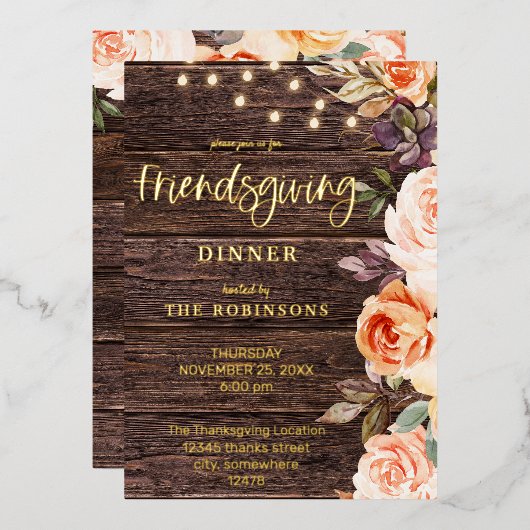 Holz Rosa & Pfirsichblüte w/Lights Freundlichkeit Folieneinladung (Vorderseite/Rückseite)