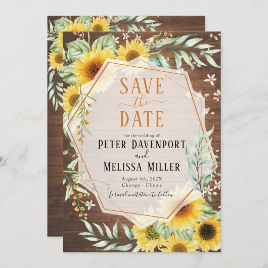 Holz Rustikale Sonnenblume Save the Date Ankündigung (Vorne/Hinten)