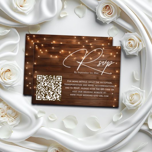 Holz rustikale String Lights QR Code Wedding RSVP Karte