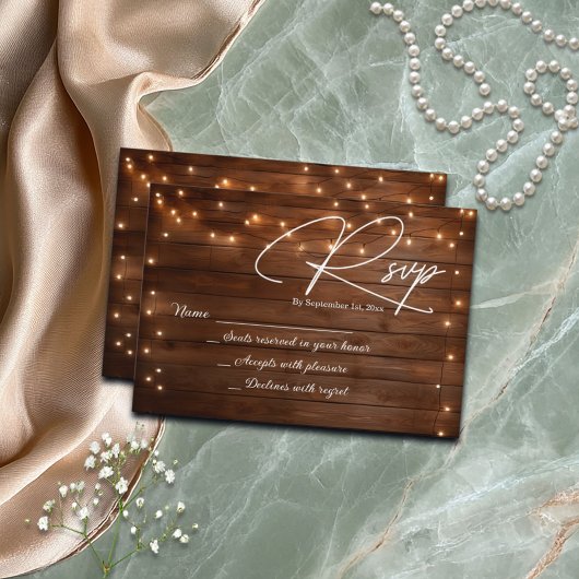 Holz rustikale String Lights Wedding RSVP Karte