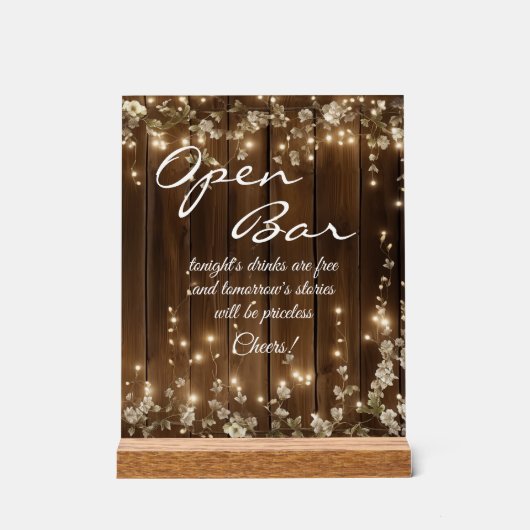 Holz Rustikale, weiße Blumenstränge Lichter Offen Acrylschild (Vorderseite)