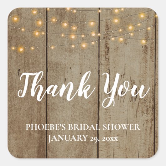 Holz rustikales Theme String Lights Brautparty Quadratischer Aufkleber (Vorderseite)
