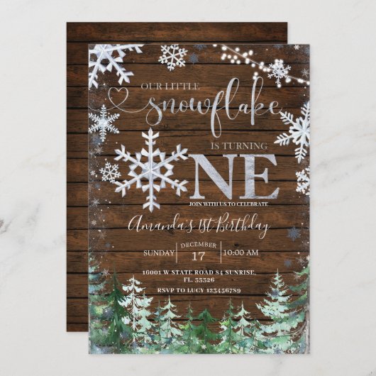 Holz Silver unser kleiner Schneeflockenwald Geburt Einladung (Vorne/Hinten)