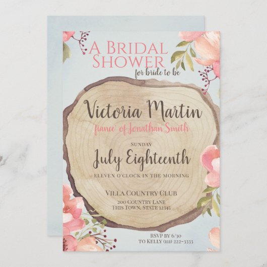 Holz Slice Floral Brautparty Einladung (Vorne/Hinten)