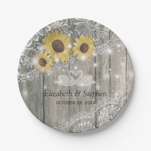 Holz Sonnenblumen Spitzen Lichter Polterabend Pappteller (Vorderseite)