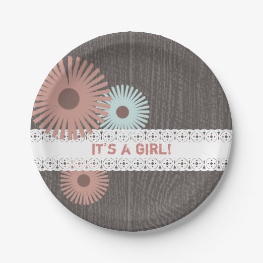 Holz + Spitze-inspirierte Blumenbaby-Dusche Pappteller (Vorderseite)