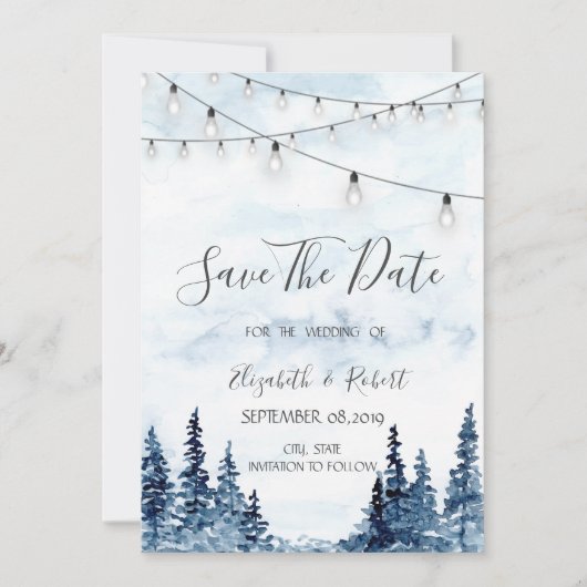 Holz, String Lights, Aquarell Save the Date (Vorderseite)