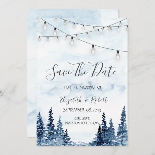 Holz, String Lights, Aquarell Save the Date (Vorne/Hinten)