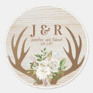 Holz- und Blumenhintergrund Boho Geweih Monogramm Runder Aufkleber
