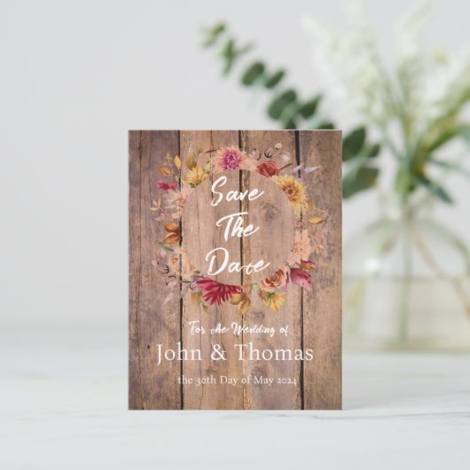 Holz und Fall Blume Save the Date Postkarte (Stehend Vorderseite)