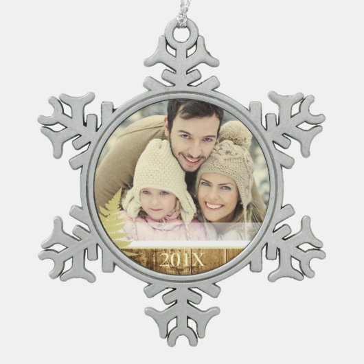 Holz- und Goldfern-Foto Schneeflocken Zinn-Ornament (Vorderseite)