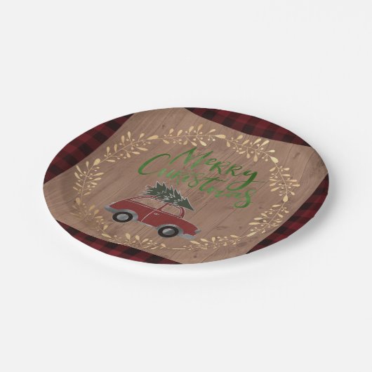 Holz und Karierte Weihnachten Pappteller (Schrägansicht)