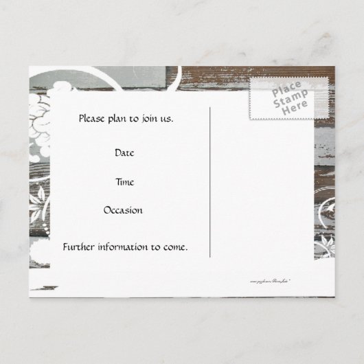 Holz und Pergament Save the Date Ankündigungspostkarte (Rückseite)