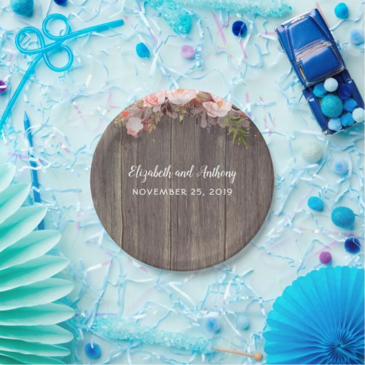 Holz und rosa Blume Rustikale Hochzeit Pappteller (Party)