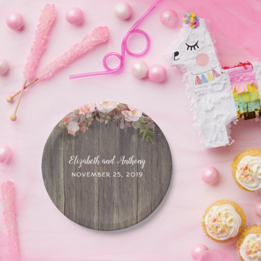 Holz und rosa Blume Rustikale Hochzeit Pappteller (Party)
