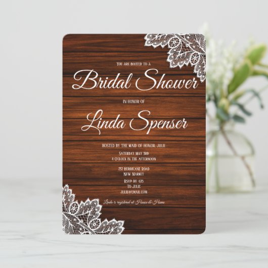 Holz und Spitzen Rustikale Brautdusche Einladung (Stehend Vorderseite)