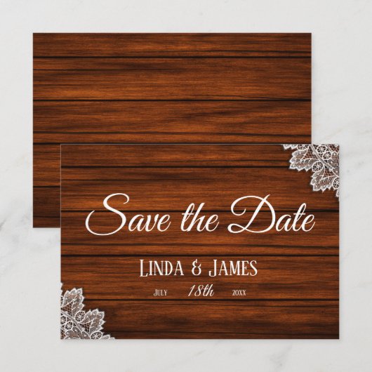 Holz und Spitzen Rustikale Hochzeit Speichern Sie  Save The Date (Vorne/Hinten)