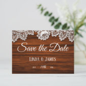 Holz- und Spitzenland-Hochzeitkarte Save the Date (Stehend Vorderseite)