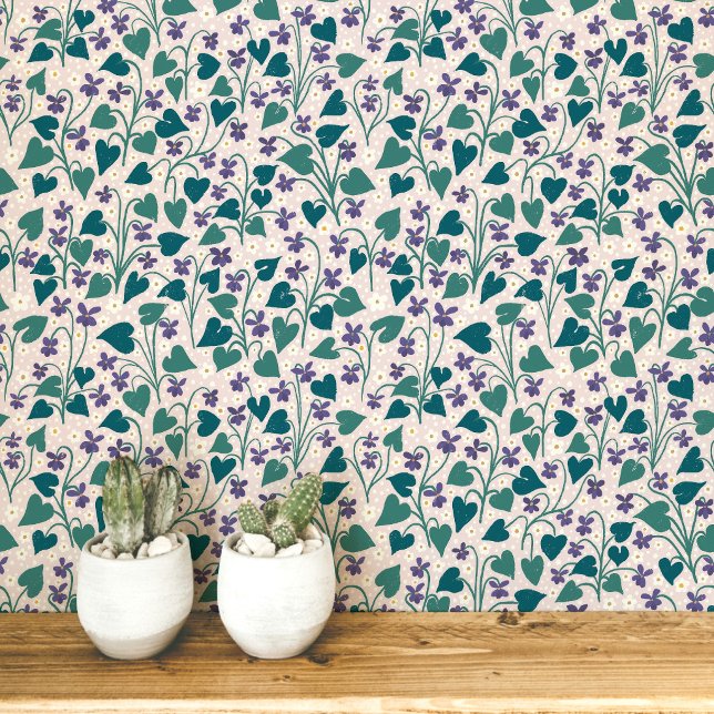 Holz-Veilchen-Anemone-Blumen-Botanischer Blockdruc Tapete (Wood violet and anemone wildflower botanical arts and crafts block print style wallpaper)