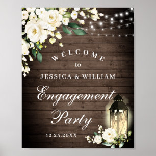 Holz & Weiße Rosen Florales Verlobungsfeier-Schild Poster