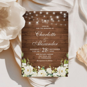 Holz & Weiße Rosen Grüne Wasserfarbene Hochzeit Einladung