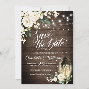 Holz- & weiße Rosen- & Laternen-Hochzeit - Termin  Einladung
