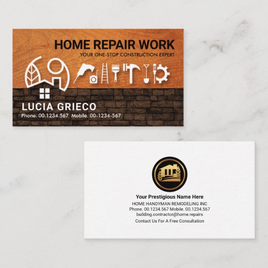 Holz-Zuhause über Brick-Wand-Handyman-Tools Visitenkarte (Vorne/Hinten)