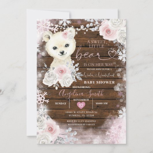 Holzbär Pastellpink Pink Snowflake Babydusche Einladung (Vorderseite)