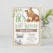 Holzbär & Raccoon Boy Baby Dusche Einladung (Stehend Vorderseite)