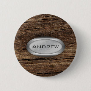 Holzbauch Texturmuster Metallische Typenschild Button