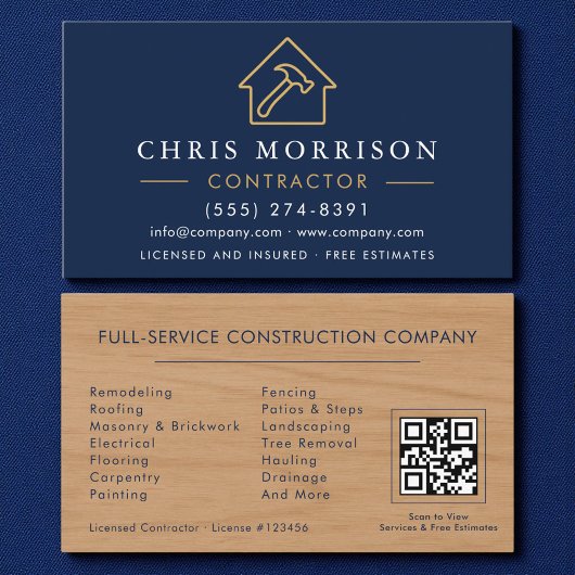 Holzbaukonstruktion Navy Blau Gold QR-Code Visitenkarte
