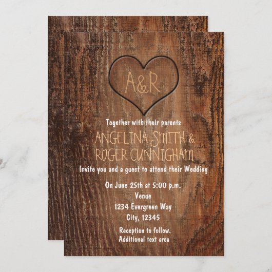 Holzbaum geschnitztes Herz Rustikale Hochzeitseinl Einladung (Vorne/Hinten)