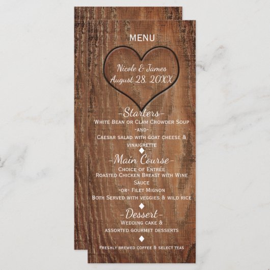 Holzbaum im Herzen Rustikales Hochzeitsmenü Menükarte (Vorne/Hinten)