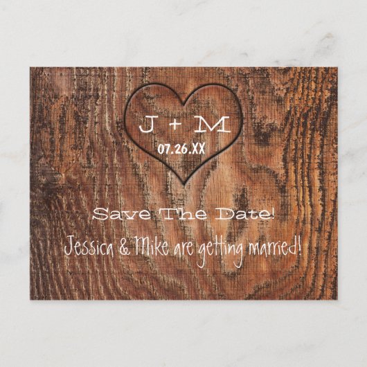Holzbaum Trunk Heart Wedding Rett Datum Postkarte (Vorderseite)