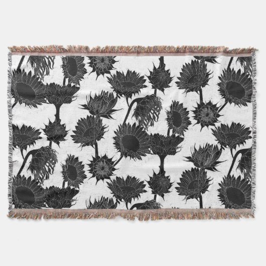 Holzblock Print Sunflower Schwarz & Weiß Decke (Vorderseite)