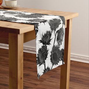 Holzblock Print Sunflower Schwarz & Weiß Kurzer Tischläufer