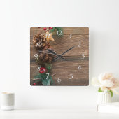 Holzboden mit Kiefernzapfen Quadratische Wanduhr (Zuhause)