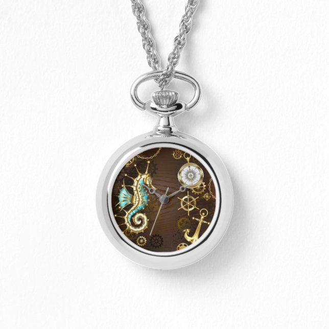 Holzboden mit mechanischem Seepferd Armbanduhr (Vorderseite)