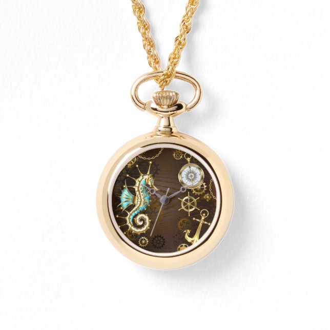 Holzboden mit mechanischem Seepferd Armbanduhr (Vorderseite)