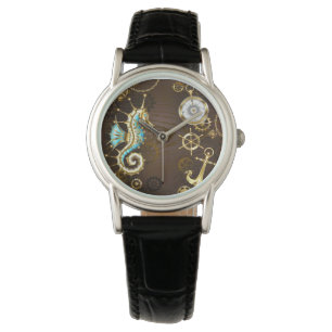 Holzboden mit mechanischem Seepferd Armbanduhr