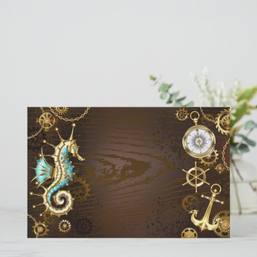 Holzboden mit mechanischem Seepferd Briefpapier (Stehend Vorderseite)