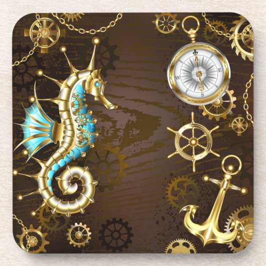 Holzboden mit mechanischem Seepferd Getränkeuntersetzer (Vorderseite)