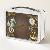 Holzboden mit mechanischem Seepferd Metall Brotdose (Rückseite)