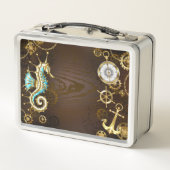 Holzboden mit mechanischem Seepferd Metall Brotdose (Rückseite)