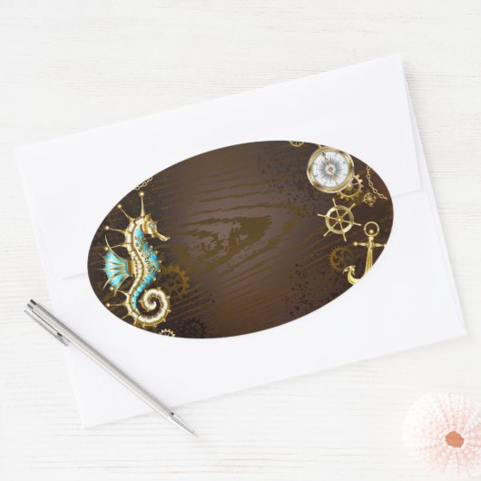 Holzboden mit mechanischem Seepferd Ovaler Aufkleber (Umschlag)